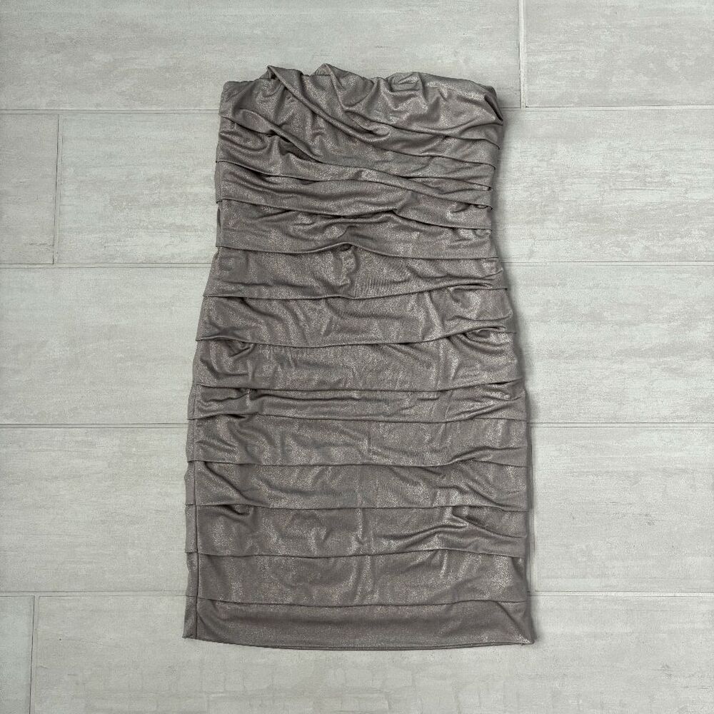 Studio Y Strapless Bodycon Silver Metallic Ruched Layered Mini Dress Party M
